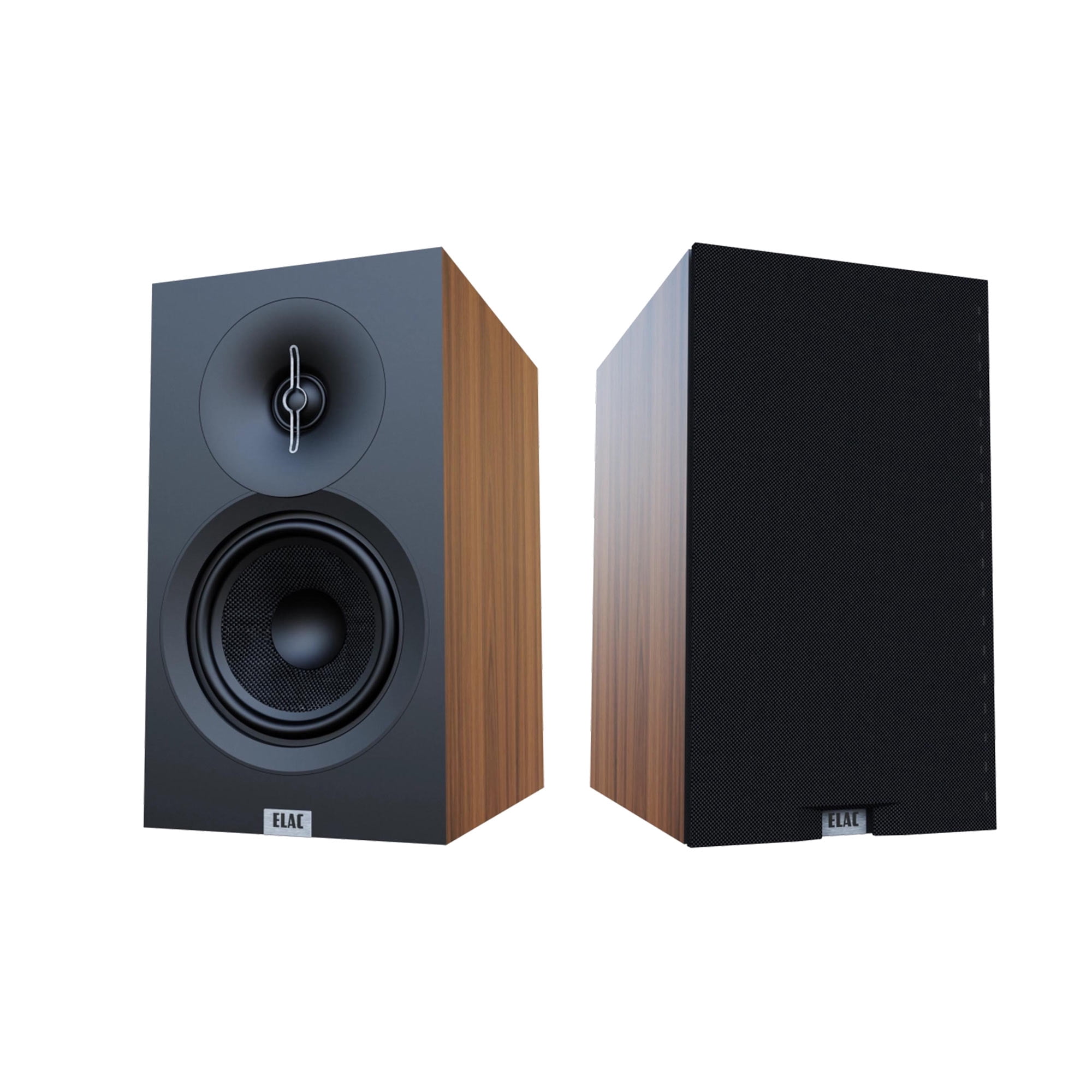 Elac Debut 3.0 Walnut 5.25 Inch Book Shelves With Elac Varro 10In Subwoofer