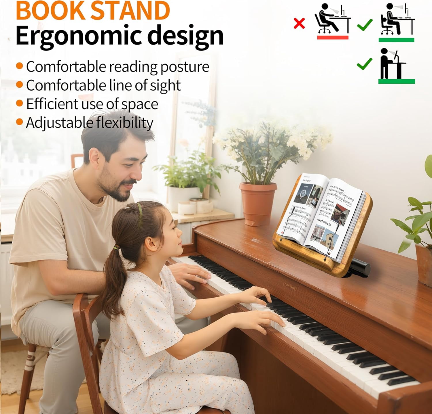 2-in-1 Dual-Use Music Stand & Tabletop Stand, Heavy Duty Wooden Music Stand for Sheet Music, Adjustable Height & Angle, With Page Paper Clip, Ideal for all musicians (Walnut Effect)
