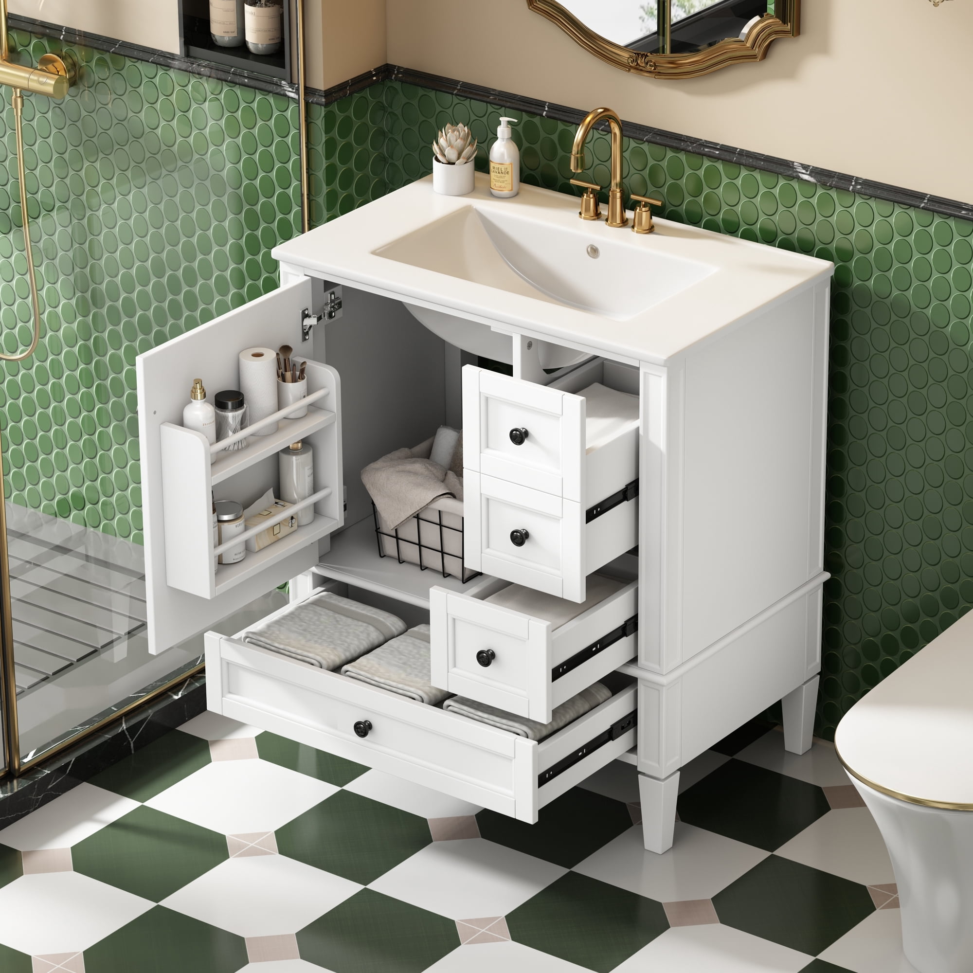 Euroco 30 Inch Bathroom Vanity with Ceramic Sink, White Bathroom with 3 Drawers, Solid Wood Frame Modern Bathroom Storage Cabinet , Ideal for Home