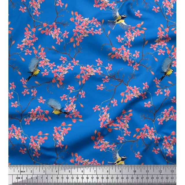 Soimoi Polyester Crepe Fabric Floral & Blue Tit Bird Print Fabric by Yard 42 Inch Wide