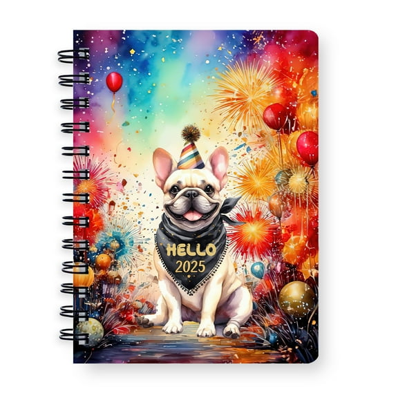 Hello 2025 French Bulldog Celebrates Happy New Year Firework Balloon Spiral Bound Journal Dog Lover Gifts 5x7in Spiral Notebook - 02024