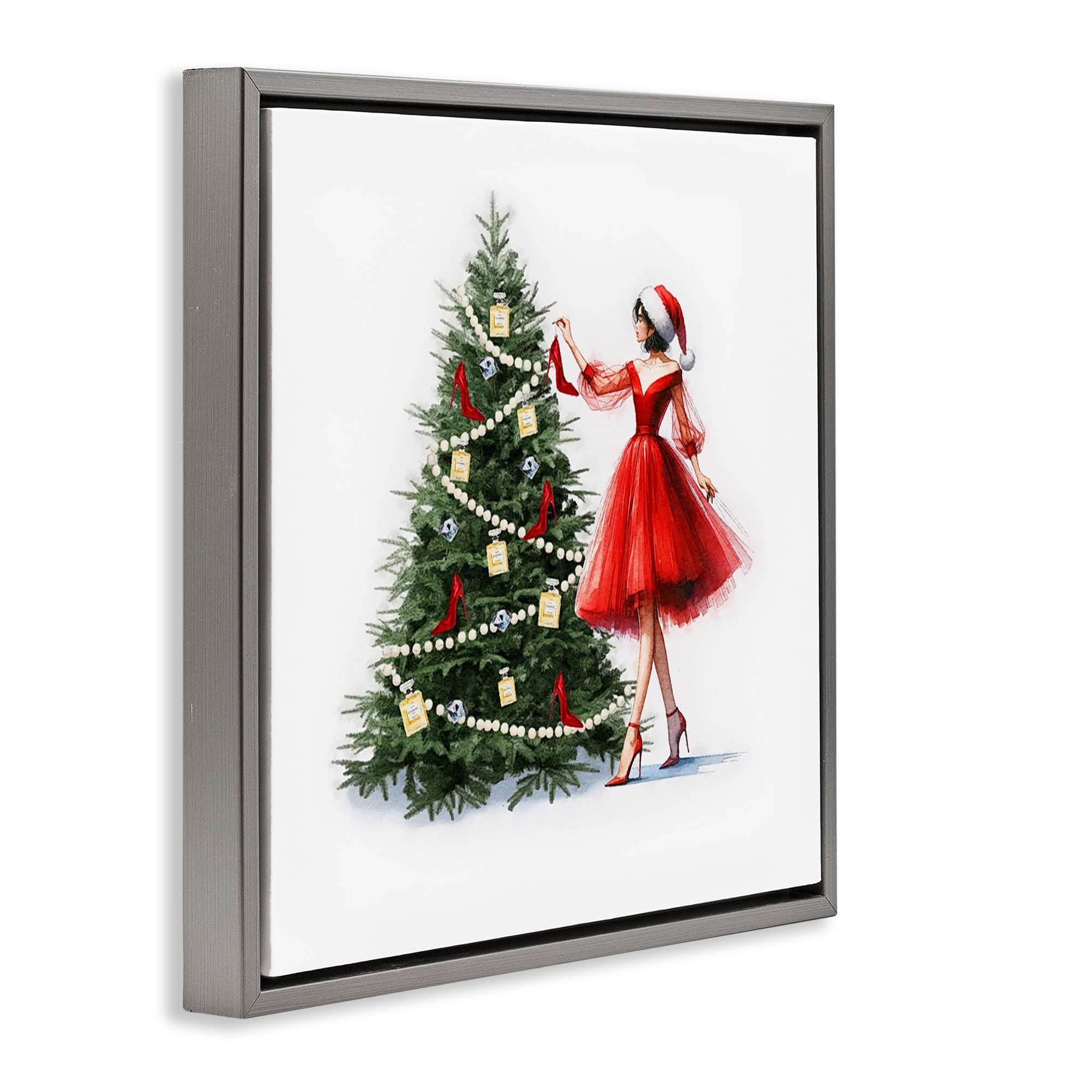 Stupell Industries Holiday Tree Glam Accessories Holiday Painting Gray Floater Framed Canvas Art Prints Wall Art, 18 x 18