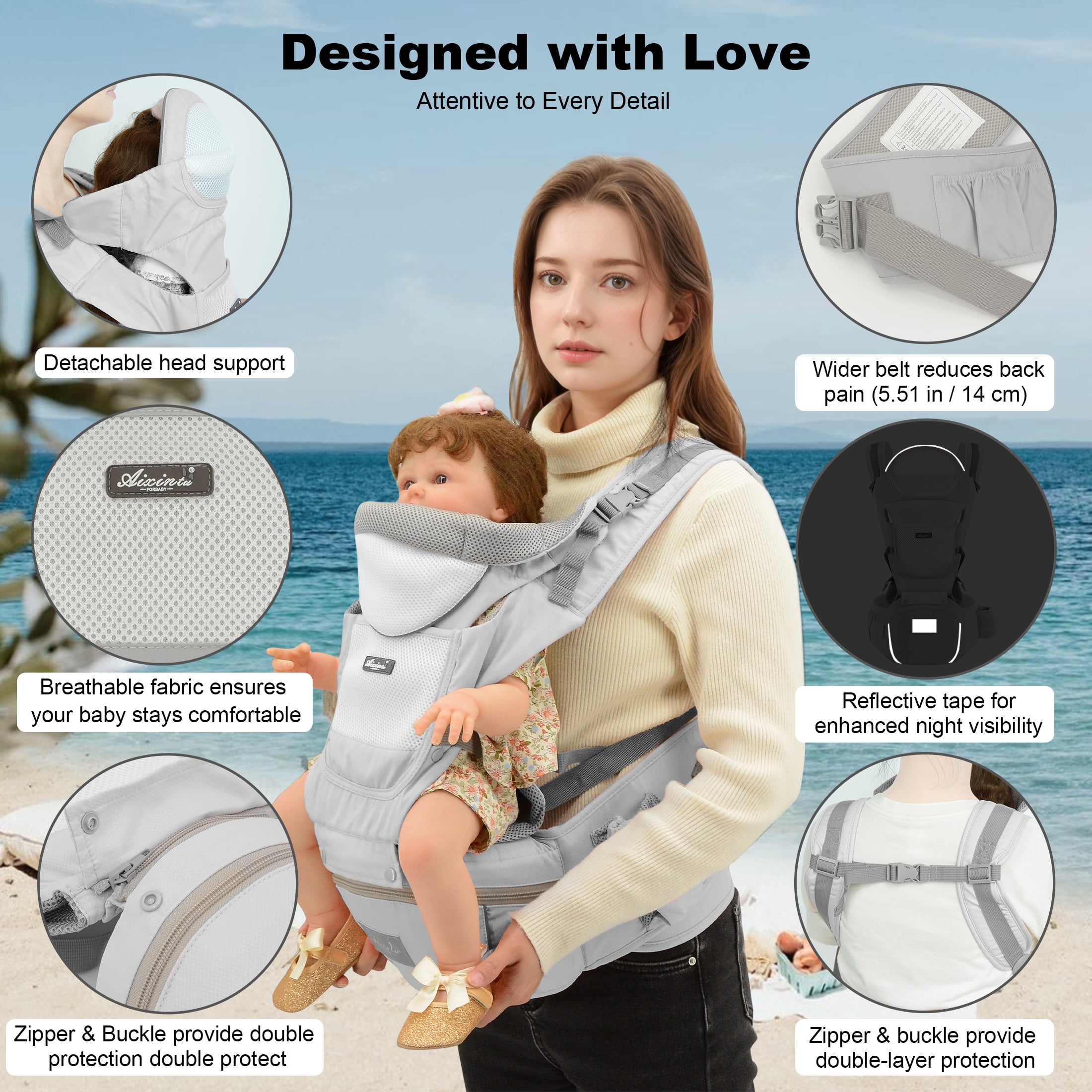 Derstuewe Baby Carrier, Baby Backpack Wrap for Infants Newborn with Hip Seat Lumbar Support , Soft Grey
