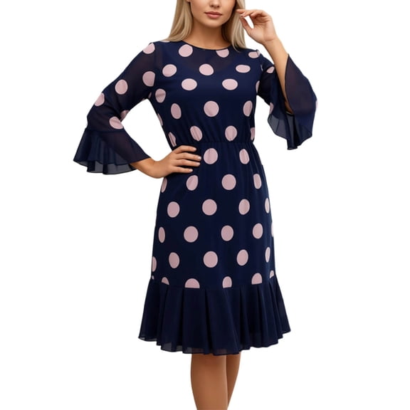 Women's Polka Dot Pleated Patchwork Dress Pink XL