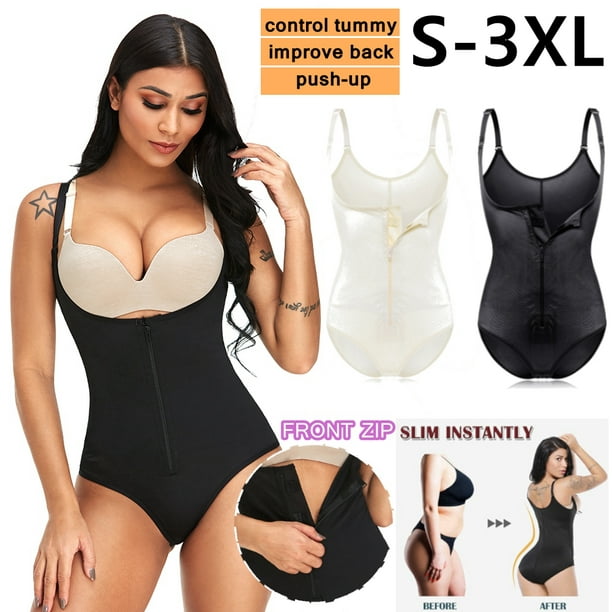 S-3XL Black / Nude Zip front Women Full Body Shaper Firm Control Tummy  Underwear Slim Bodysuit 