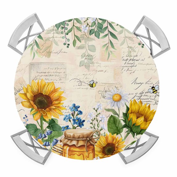 Elastic Fitted Round Tablecloth, Sunflowers Waterproof Stretch Table Cover for 55"-60" Tables, Yellow Floral Bees Green Leaves Watercolor Washable Outdoor Tablecloths for Patio, Picnic, Camping