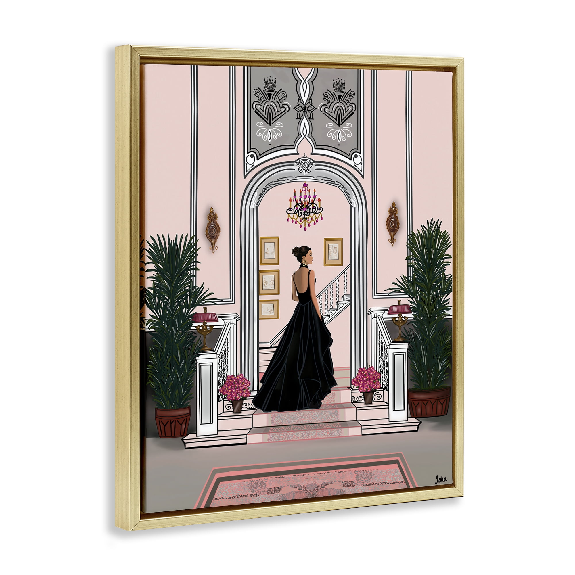 Stupell Industries Mansion Girl in Gown Gold Framed Floater Canvas Wall Art, design by Tara Boone