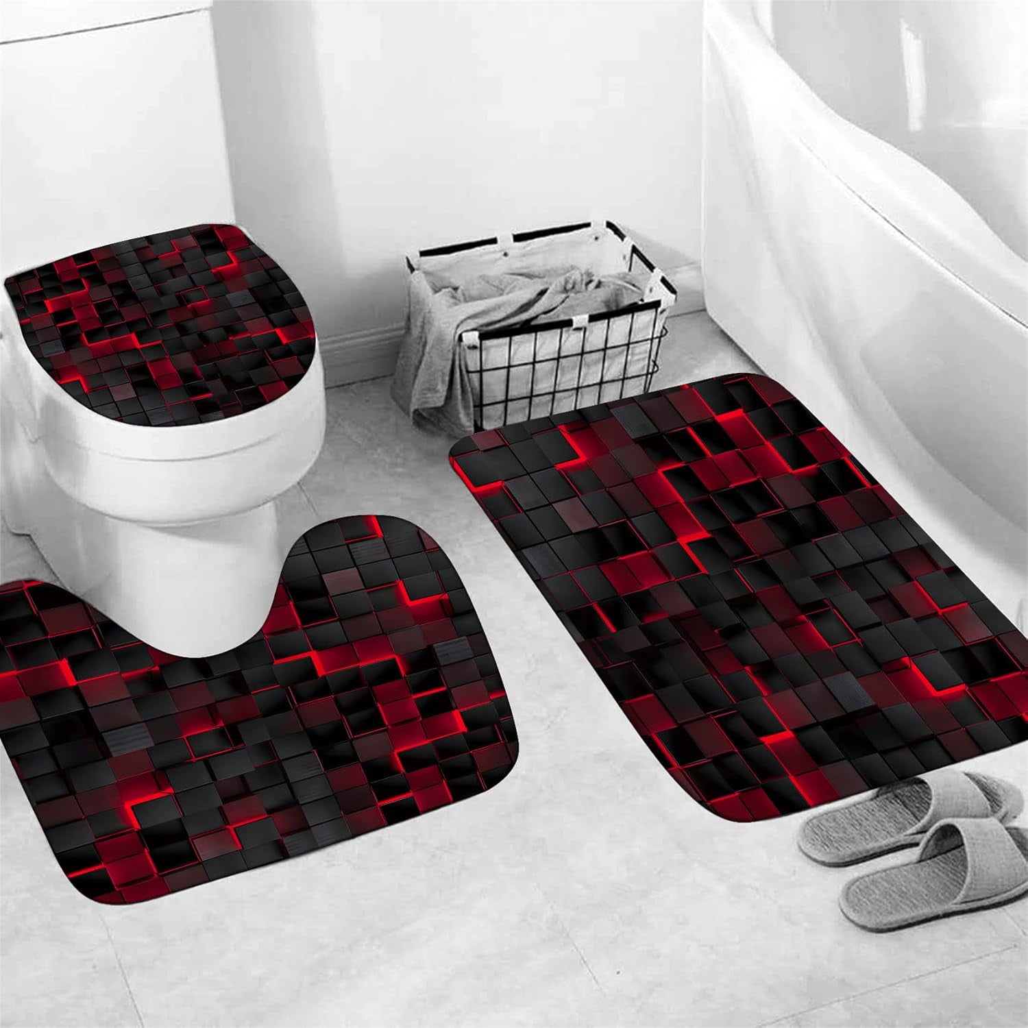 4Pcs Shower Curtain Set Black 3D Cubes Shower Curtain Set Modern Bathroom Sets with Shower Curtain and Rugs Red Shower Curtain with 12 Hooks