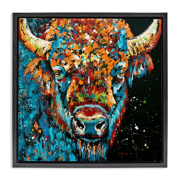 Stupell Industries Contemporary Modern Bison with Paint Splatter Black Floating Frame Canvas Art, 18 x 18, by Jen Seeley