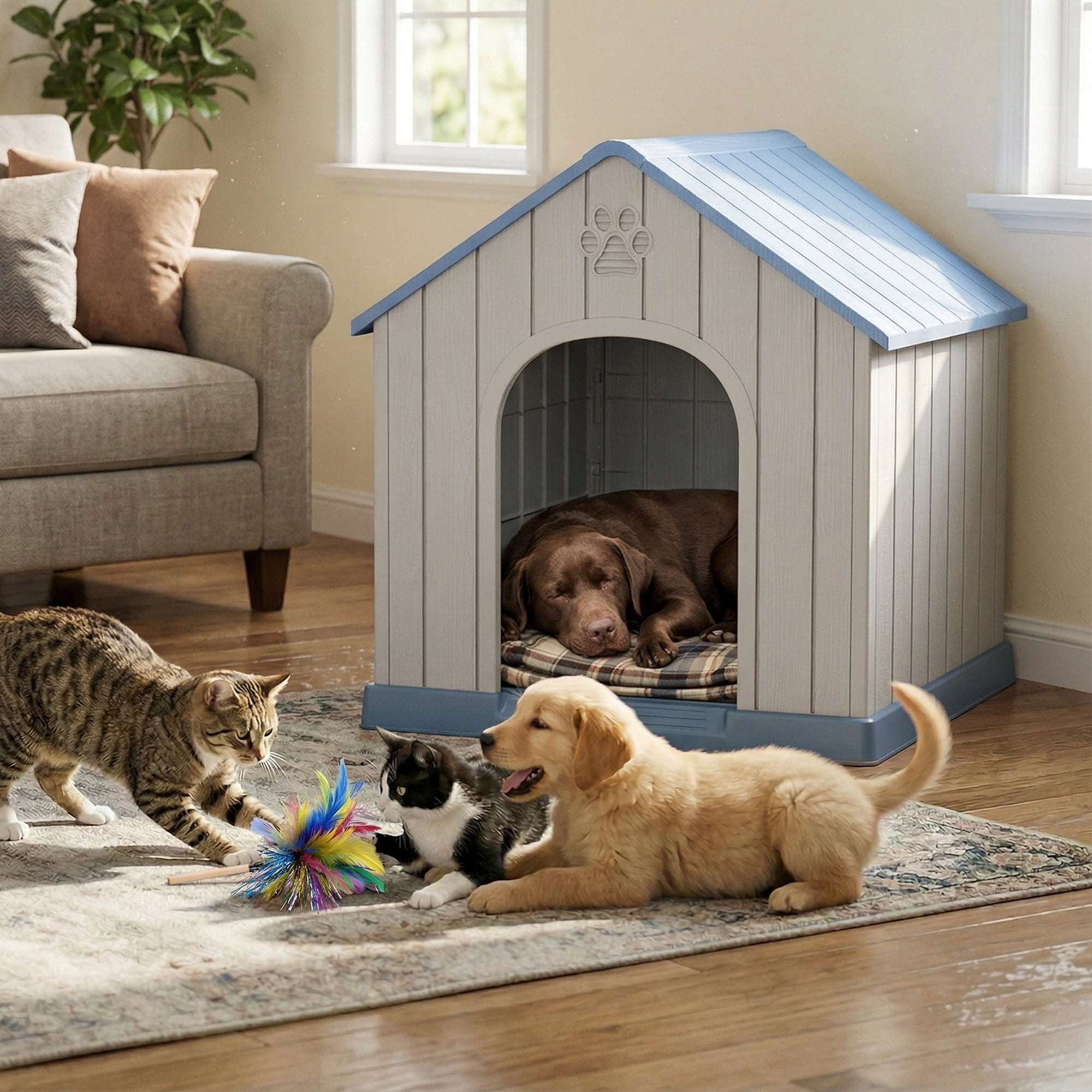 fazzn Durable Waterproof Resin Dog House for Small to Large Sized Dogs, Indoor Outdoor Doghouse Puppy Shelter with Elevated Floor, Easy to Assemble .Blue/Brown,Father's Day Gift