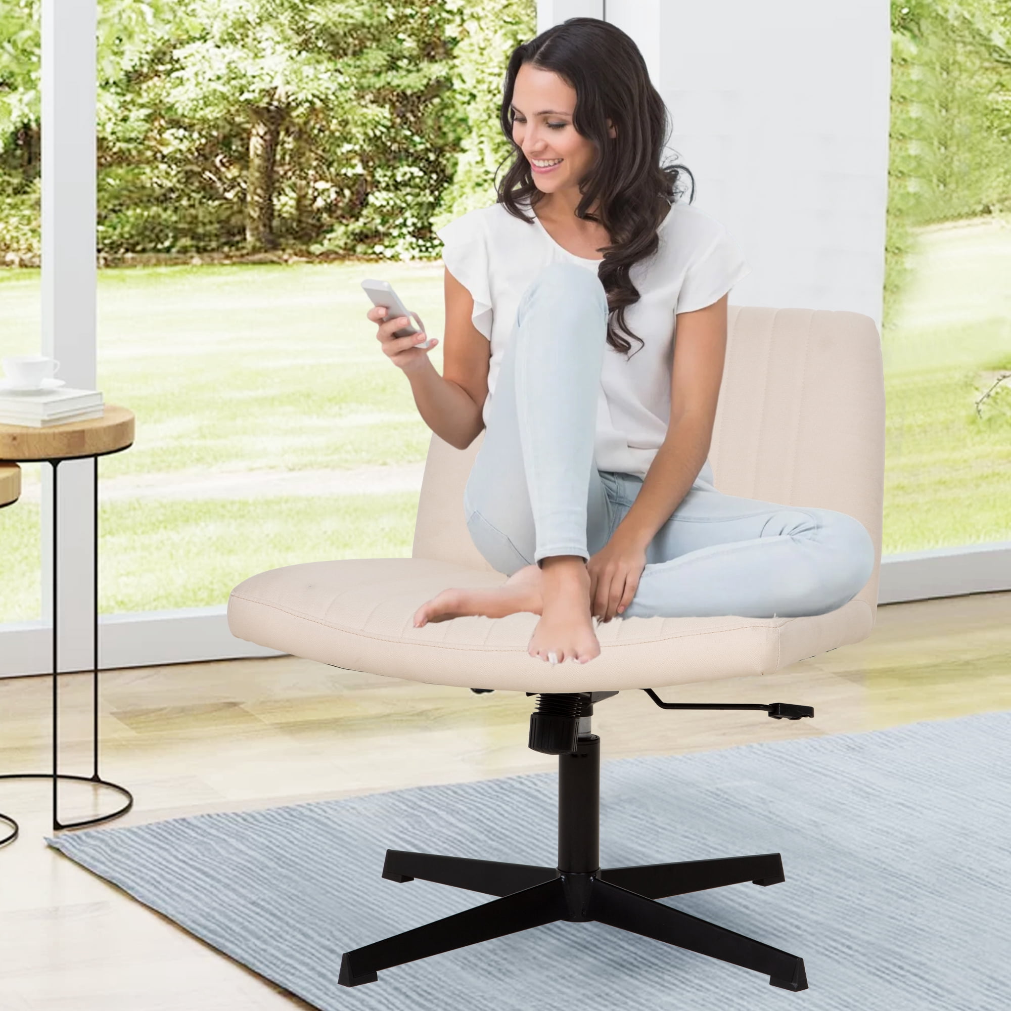 CL.HPAHKL Armless Criss Cross Legged Chair, Wide Comfy Desk Chair, Adjustable Seat Height, Beige