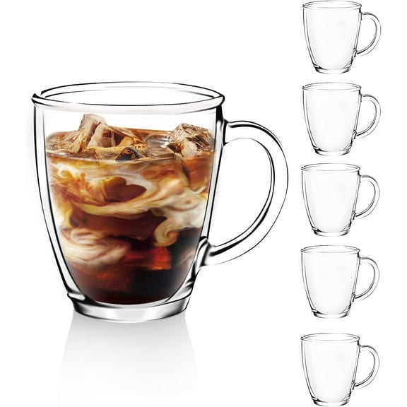 [6 PACK,12 OZ - Premium Glass Coffee Mugs with Handle. Transparent Tea Glasses for Hot/Cold Beverages, Perfect Design for Americano, Cappuccino, Tea and Beverage.
