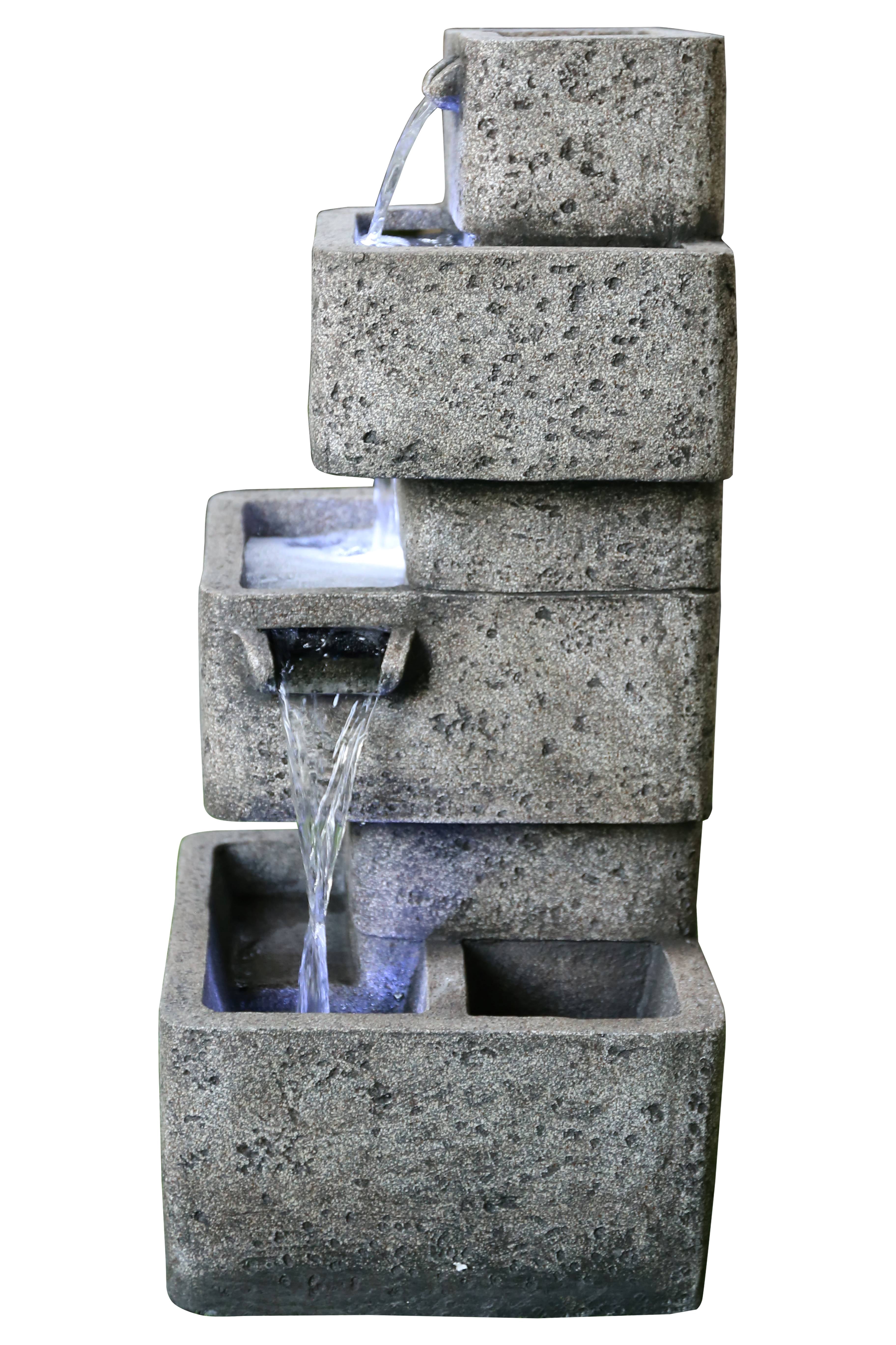 MULTILEVEL CONCRETE CASCADING FOUNTAIN WITH 3 COOL WHITE LED LIGHTS