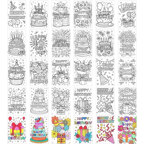 Birthday Coloring Cards - 24 Unique Blank Greeting Card Set with Cakes, Flowers & Gifts | DIY Art Craft for Kids, Adults | Holiday Gift Ideas for Mom, Friends | Thank You & Greeting Card Collection
