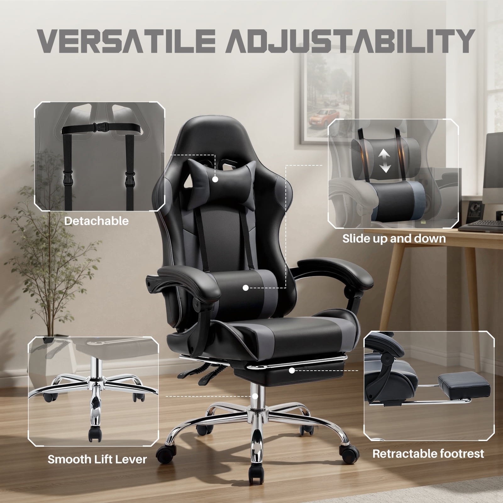 MCQ Computer Chair, Home Office Chair with Footrest and Lumbar Support for Office, Game Room, Black Gray