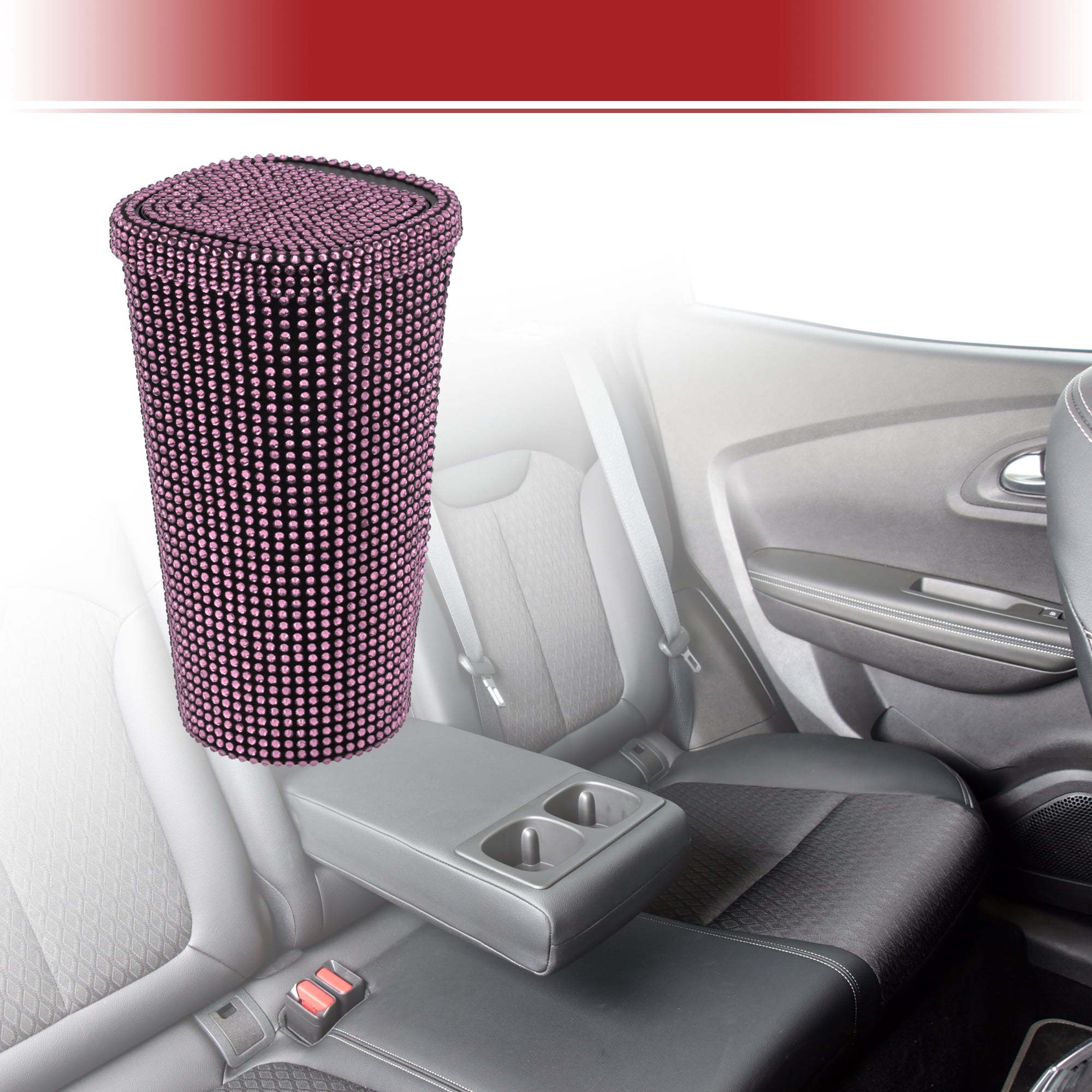 Unique Bargains Car Trash Can Bin Rhinestones Portable 3.5x3.5x6.3in Pink