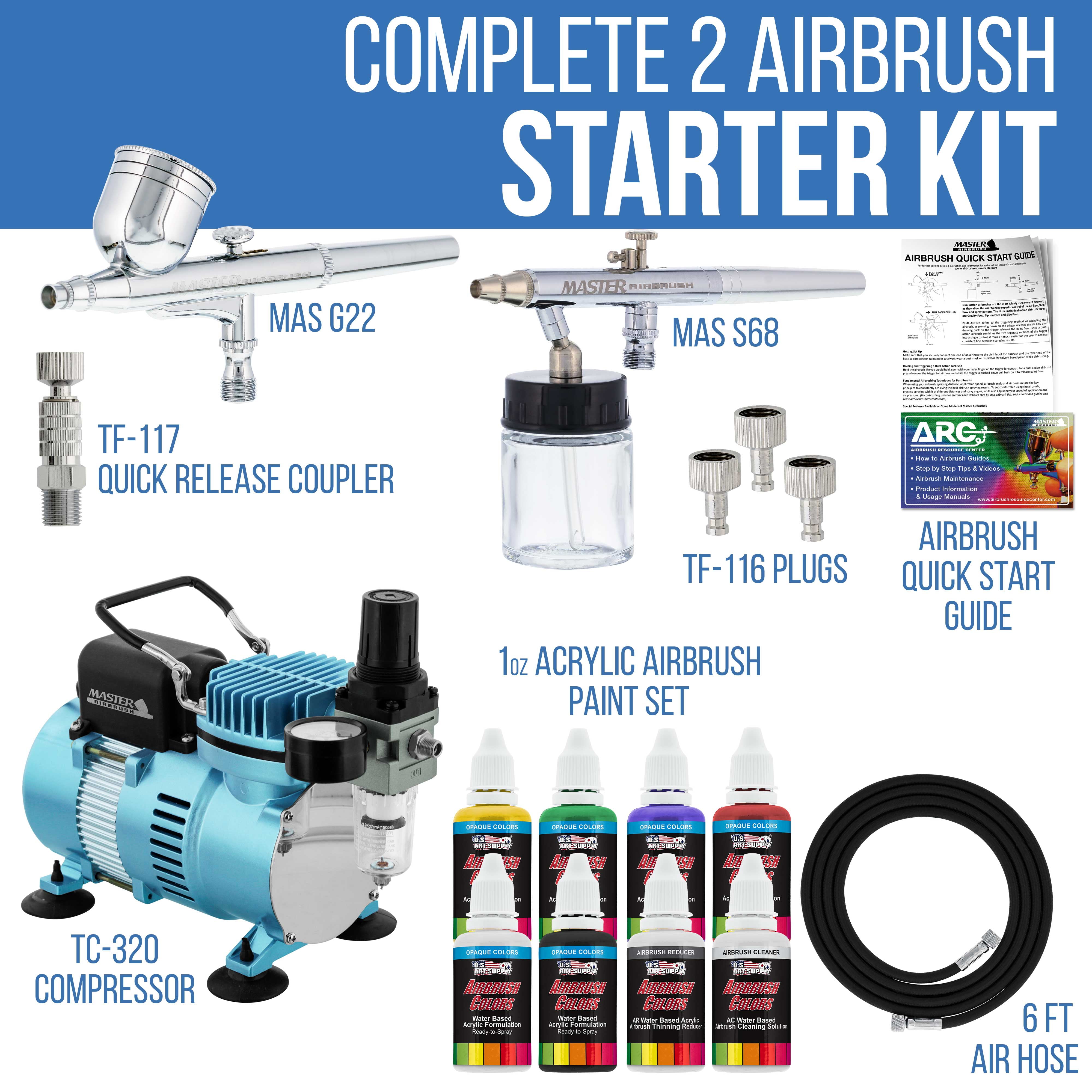 Master Airbrush Cool Runner II Dual Fan Air Compressor Airbrushing System Kit with 2 Professional Airbrushes, Gravity and Siphon Feed - 6 Primary Opaque Colors Acrylic Paint Artist Set - How to Guide