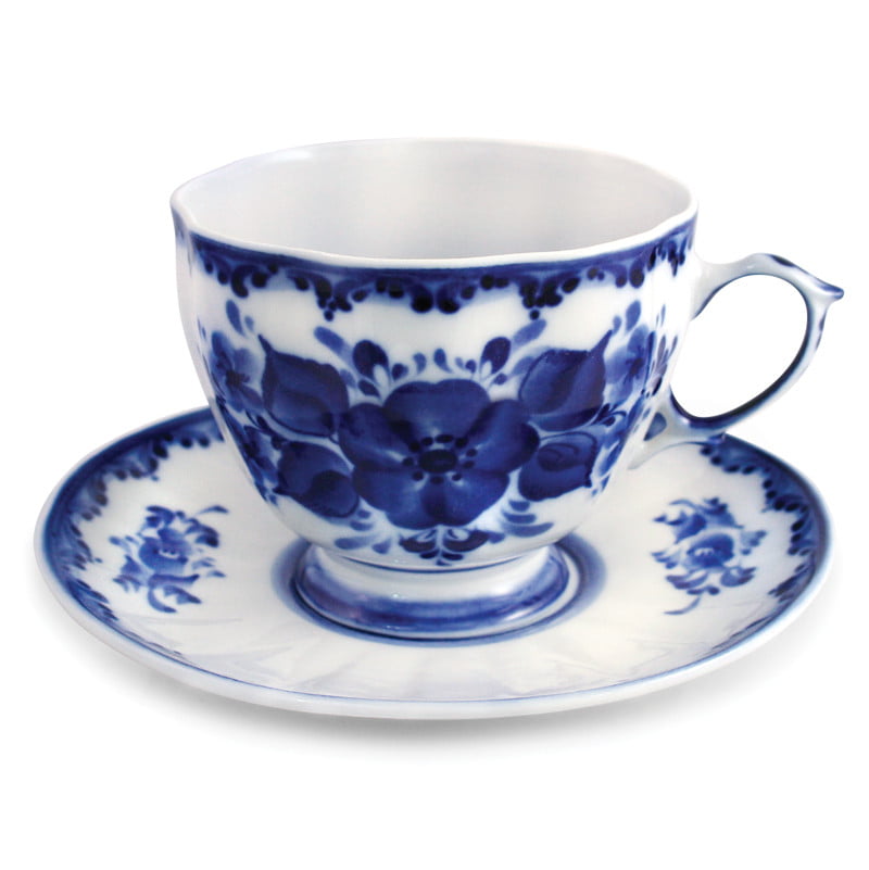 7 fl oz White Bone China Tea Cup Saucer Gzhel Porcelain Teacup Thin Lightweight 