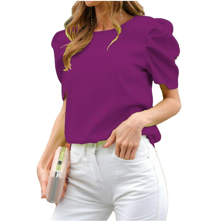 Womens Blouse Tops Puff Sleeve Tie Back Top Purple L