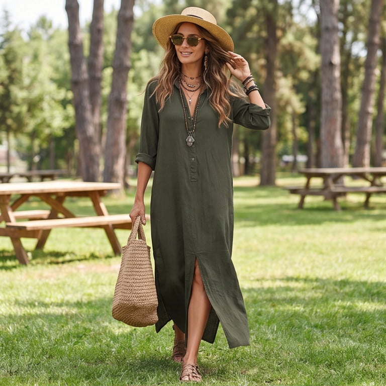 pleated maxi shirt dress Suining Women's Summer Cotton Linen Pleated 3/4 Sleeve Split Maxi Shirt Dress Casual Loose V-Neck Length Dresses, Size: XL, Green