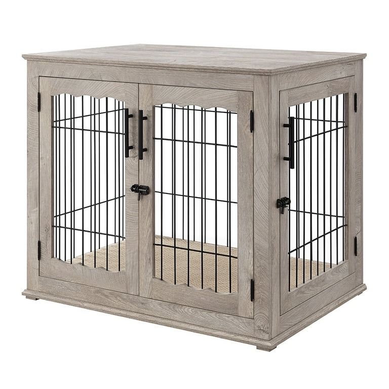 Unipaws Pet Crate End Table Double Doors Wooden Wire Dog Kennel