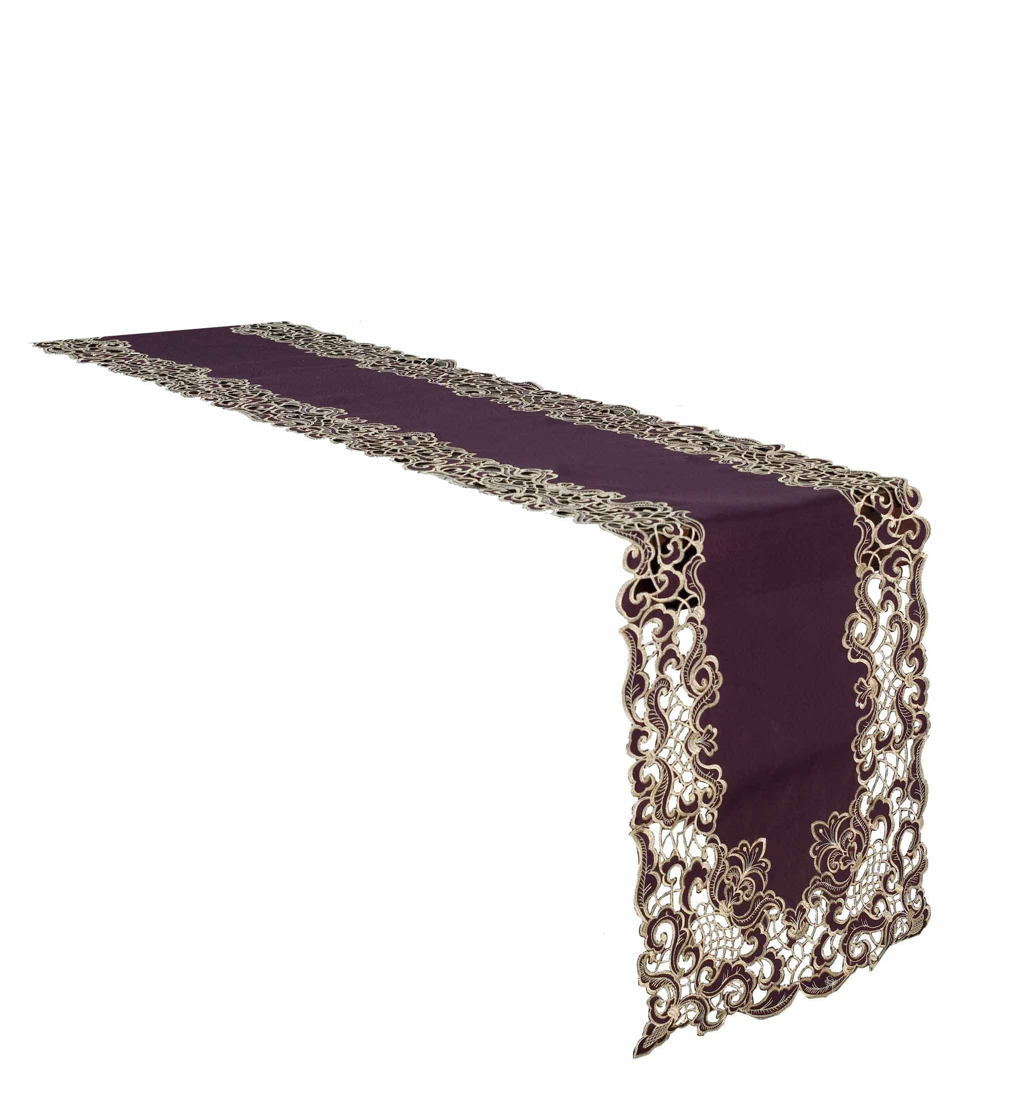 Gold Lace Plum Table Runner - Dresser Scarf European Embroidery - Perfect for Kitchen Dining Room Home Decor Wedding Receptions - 14 x 108 inches - The Granada Collection
