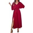 thumbnail image 3 of Women'S Satin Batwing Sleeve Cocktail Evening A Line Long Dress V Neck Ruched Loose Maxi Dress Wine Red L, 3 of 9
