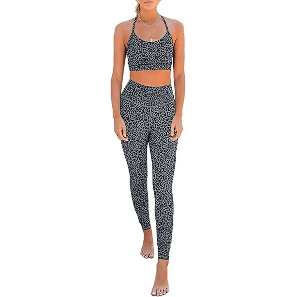 Womens Yoga Outfits 2 Piece Set Workout Athletic Leopard Print
