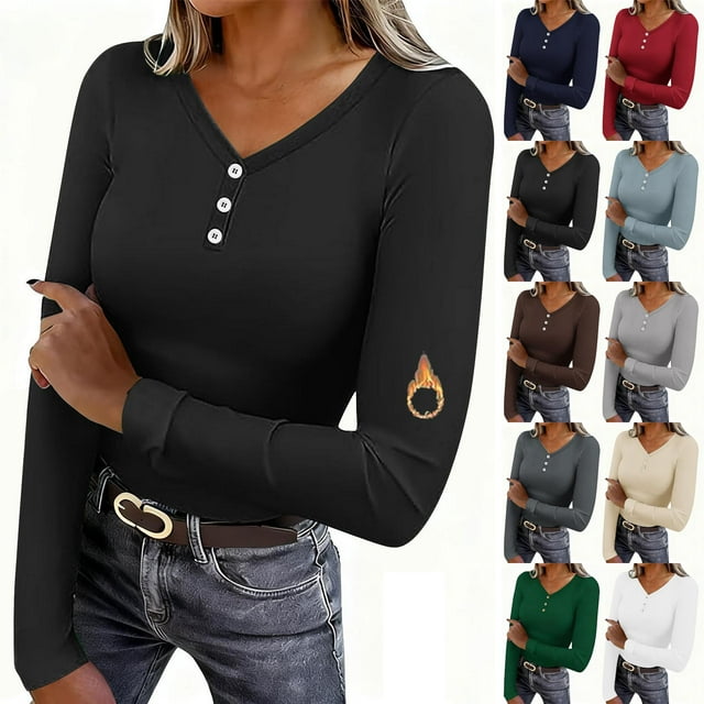 QATAINLAV Chandails Thermiques Rouges à Manches Longues pour Femmes, Boutons, Col en V, Coupe Ajustée, Hauts, Automne Hiver, Vêtements Mode