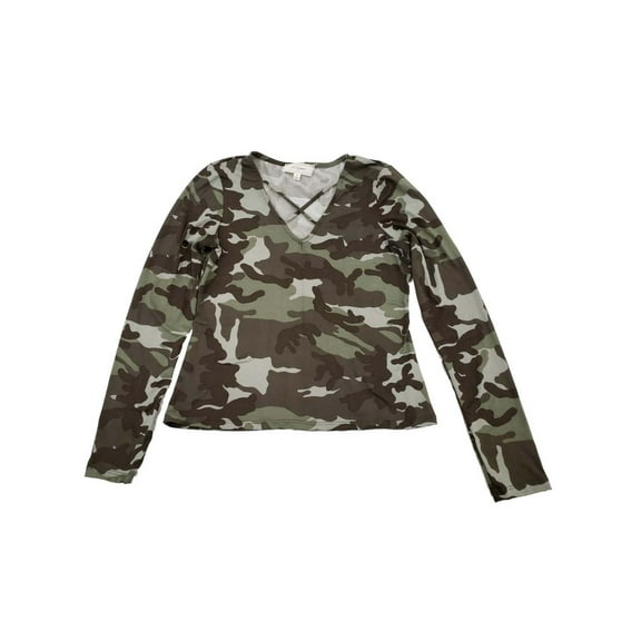 Womens Army Green Camo Print V Neck Long Sleeve T-Shirt Tee Shirt Top 2X