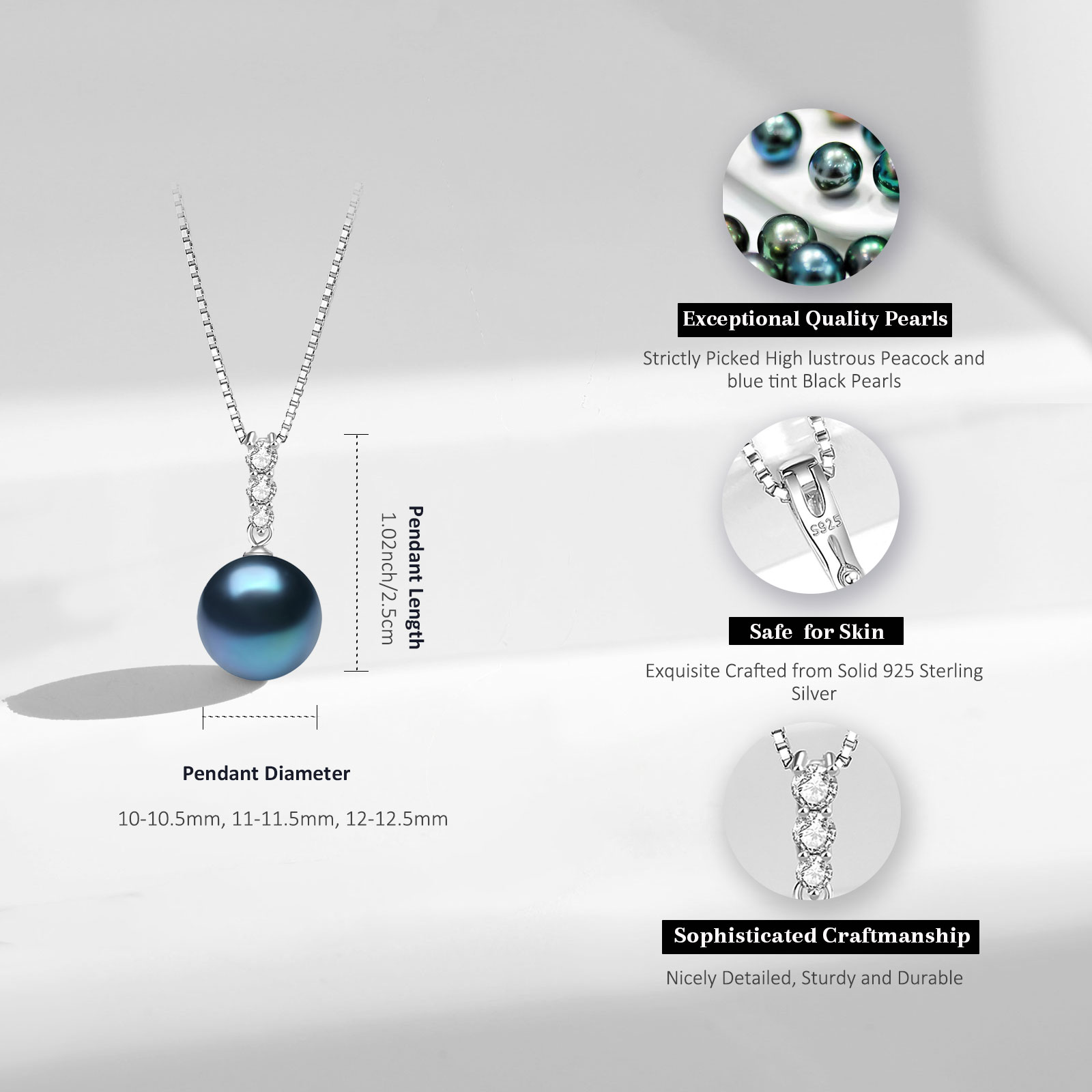 YAMI Tahitian Black Pearl Pendant Necklace, 12-13mm, 925 Sterling Silver, Adjustable 18+2in Chain