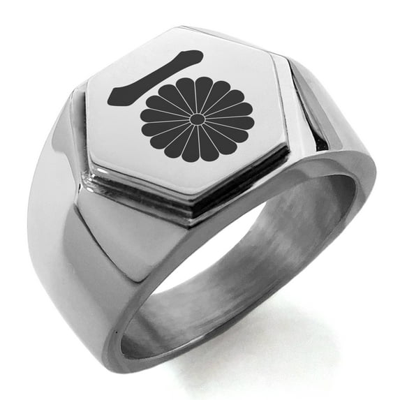 Stainless Steel Nasu Samurai Crest Engraved Hexagon Crest Flat Top Biker Style Polished Ring