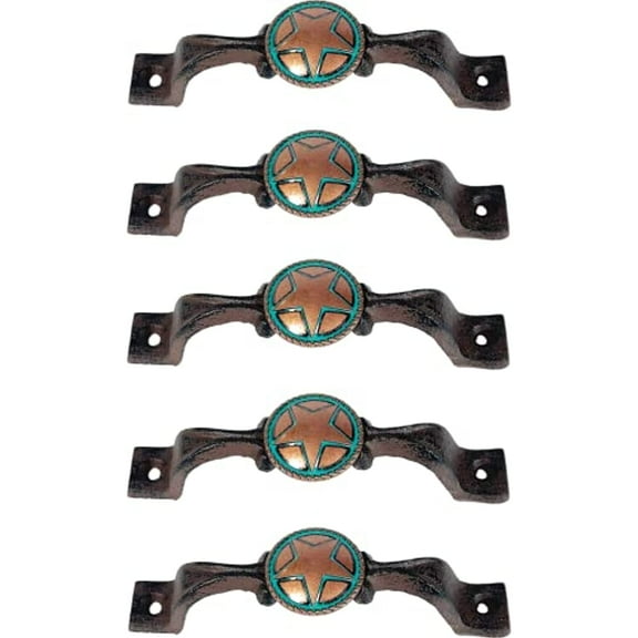 Urbalabs Teal and Star Cast Iron Kitchen Cabinet Handles and Drawer Pulls Western Concho Cross Horseshoe and Star Country Home Rustic Decor Farmhouse Cabinet Handle Cabinet Knobs (Pack of 5)