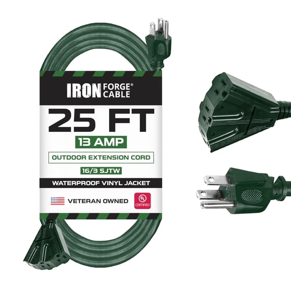 IRON FORGE CABLE 25 Foot Outdoor Extension Cord with 3 Electrical Power Outlets - 16/3 SJTW Durable Green Extension Cable with 3 Prong Grounded Plug for Safety