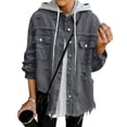 thumbnail image 5 of Women's Oversized Denim Jacket with Hood Long Sleeve Button Up Jean Jackets Frayed Hem Shacket Retro Western Boyfriend Coat, 5 of 6