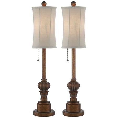 Tall Wooden Table Lamps Regency Hill Traditional Buffet Table Lamps Set of 2 Warm Brown Wood Tone Tall Fabric Drum Shade for Dining Room ()