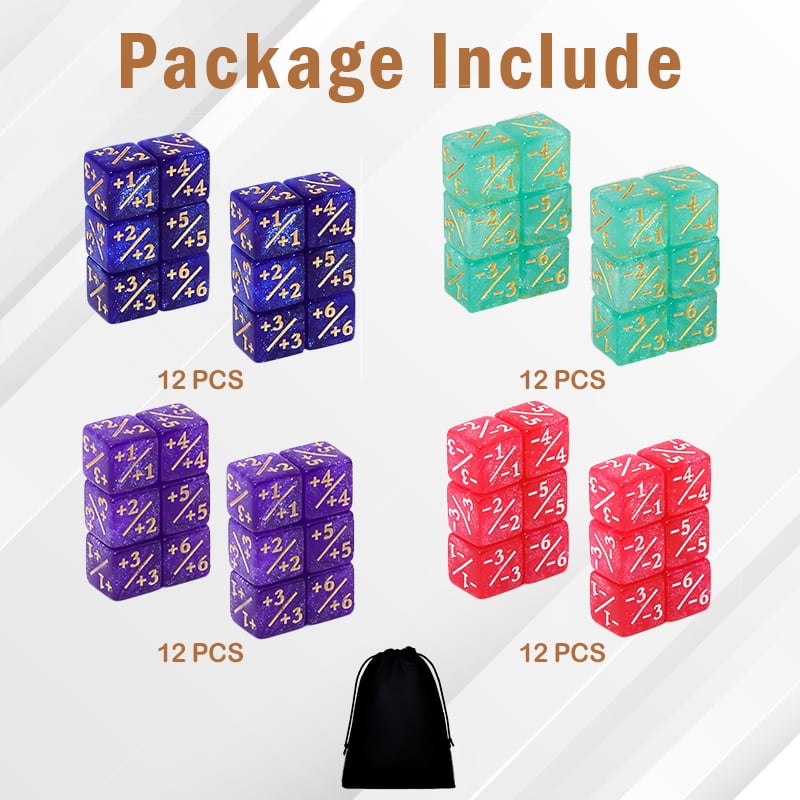 SWAJUJA 48Pcs 12mm MTG Counter Dice  +1/+1 Tokens 4 Color 6 Sided Dice Set with Black Pouch for Magic The Gathering, MTG, TCG, Card Games Accessories