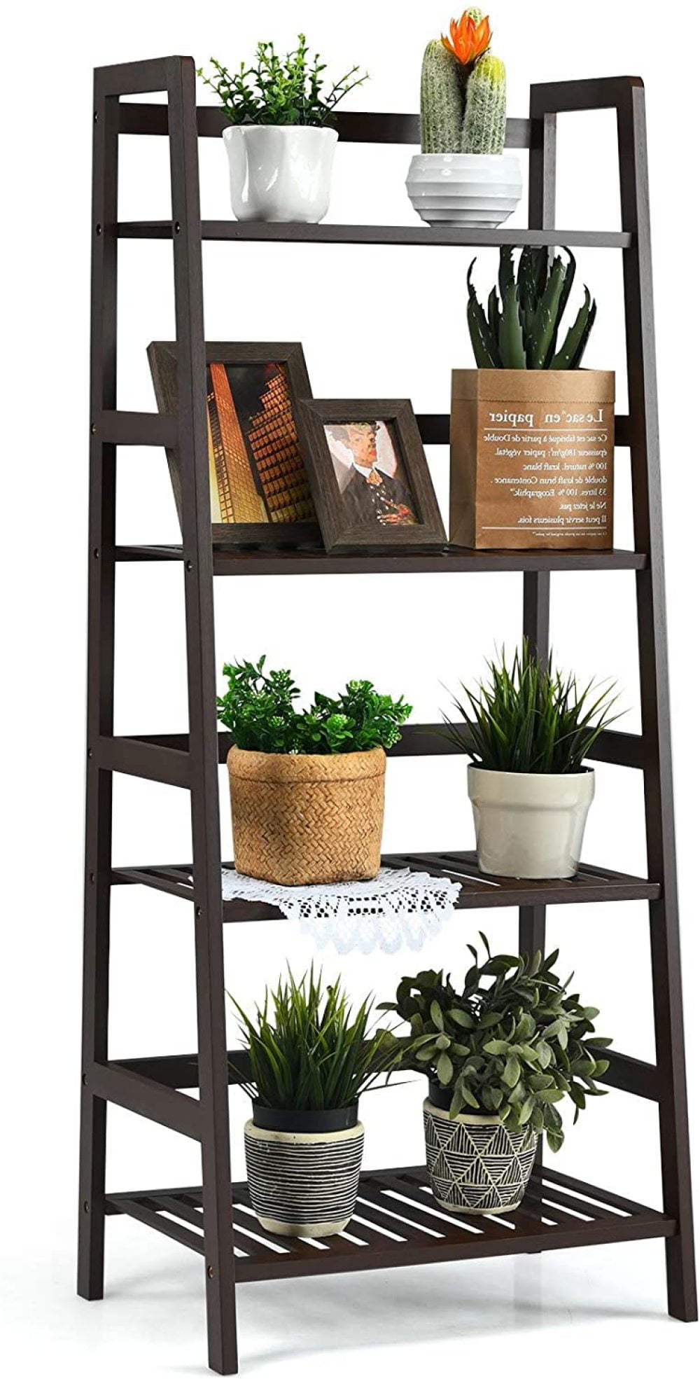 Brown Giantex 3 Tier Ladder Shelf Bamboo Plant Stand Indoor Outdoor Multifunctional Bookcase Ladder Planter Storage Shelving Unit for Living Room Bathroom Patio Balcony Garden Office 