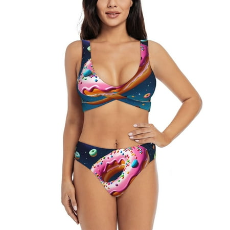 Zeuib Starry Sky Pine Tree Donut High Waisted Tummy Control Bikini Set - Knot Front Push Up Top & Cheeky Thong Bottom  Two-Piece Swimsuit for Women-XX-Large