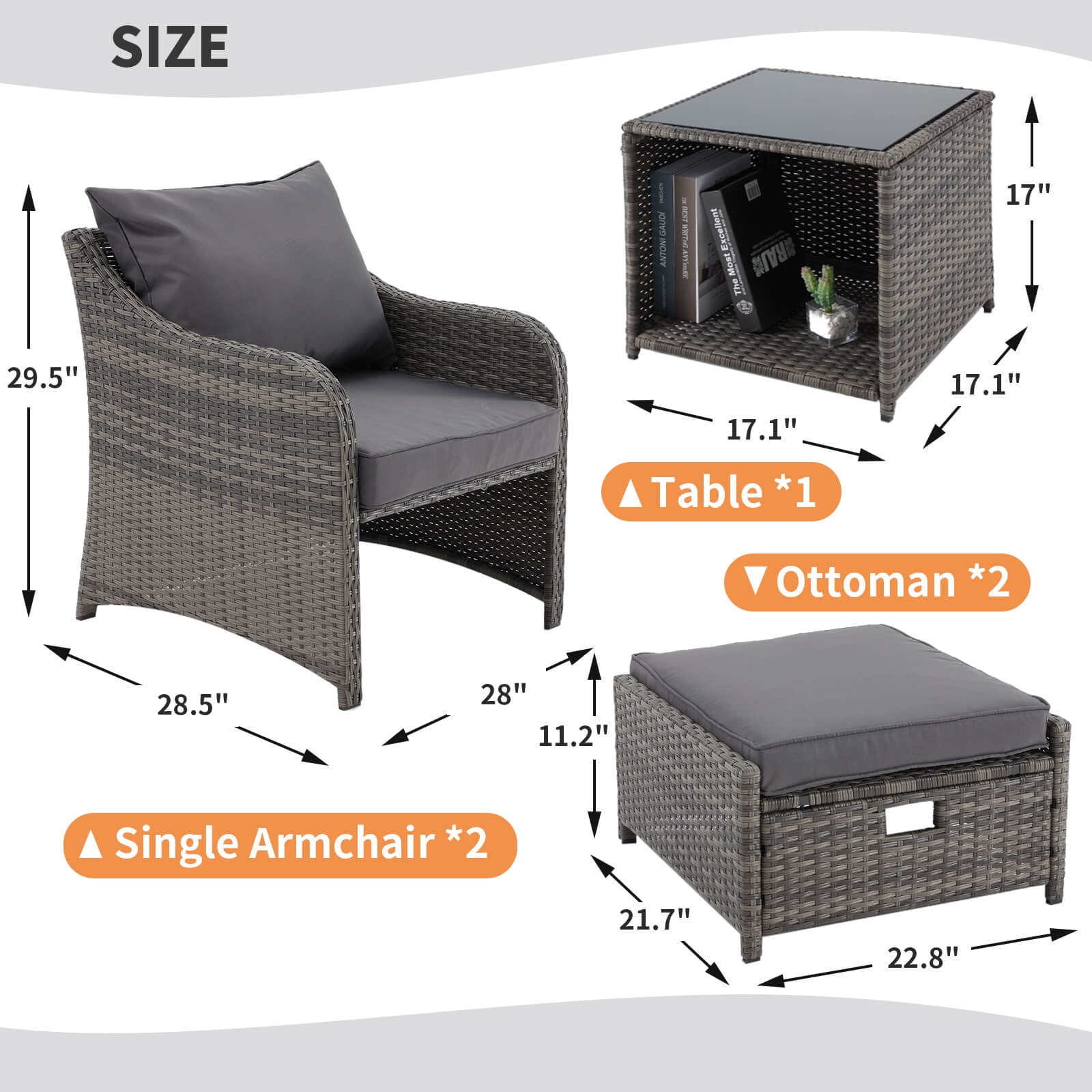HOMREST 5 Piece Balcony Furniture, All Weather PE Wicker Rattan Patio Furniture Set, Cushioned Patio Chairs Set of 2 w/Ottoman&Table, Outdoor Lounge Chair for Lawn Pool Balcony