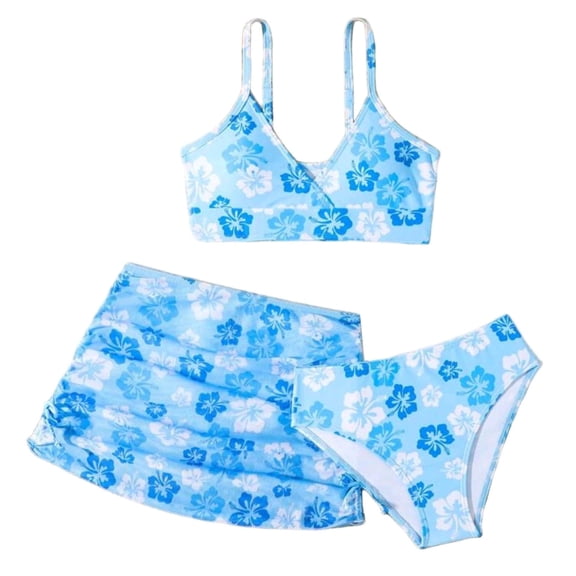 HAOTAGS Girls Swimsuit 10-12,Tankini With Skirt Bottom Quick Dry Elastic Waist Floral Print 3 Piece Swimwear Blue