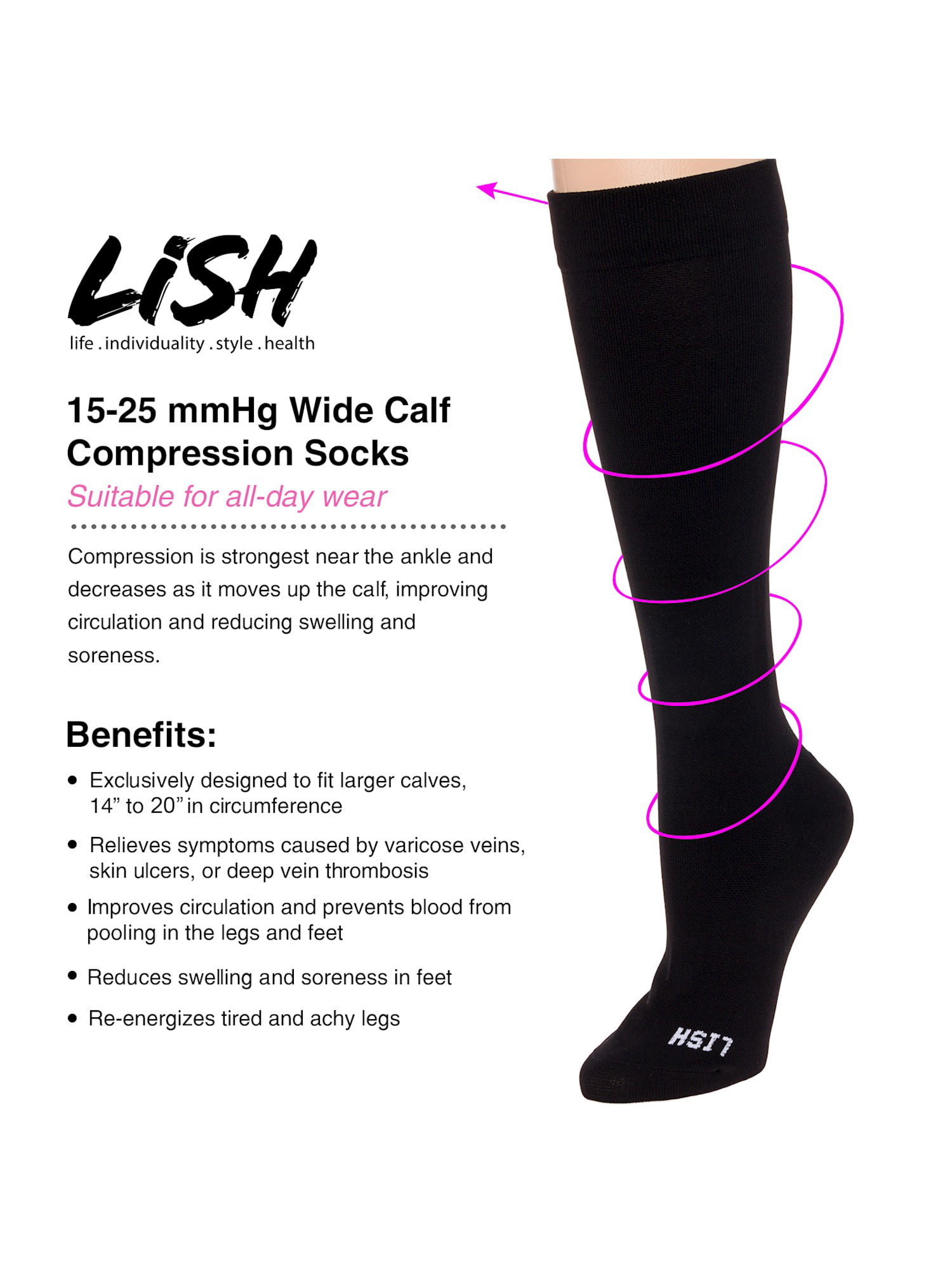 Graduated 20-30 mmHg Knee High Plus Size Support Stockings LISH Plain Jane Wide Calf Firm Extra Compression Socks 