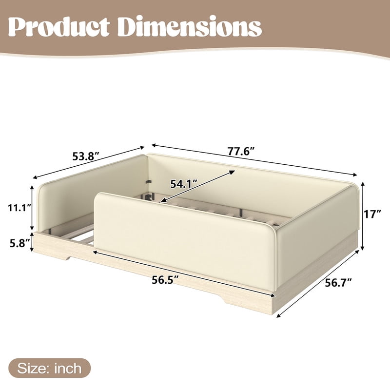 Full Size Faux Leather Upholstered Floor Bed, Kids Montessori Bed Frame with Removable Guardrail, Low Profile Platform Bed
