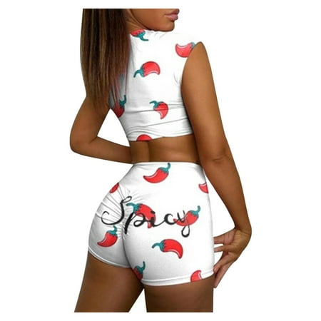 

【Outfmvch】Skinny Top Set Waist Two Homewear Women Elastic Print Pajamas Pieces Shorts Women Suits & Sets