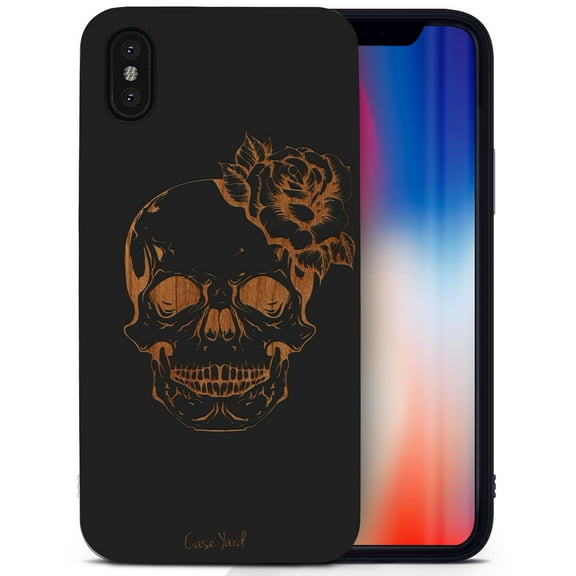 Case Yard Wooden Case for iPhone-XS-Max Soft TPU Silicone cover Slim Fit Shockproof Wood Protective Phone Cover for Girls Boys Men and Women Supports Wireless Charging Skull Flower Design
