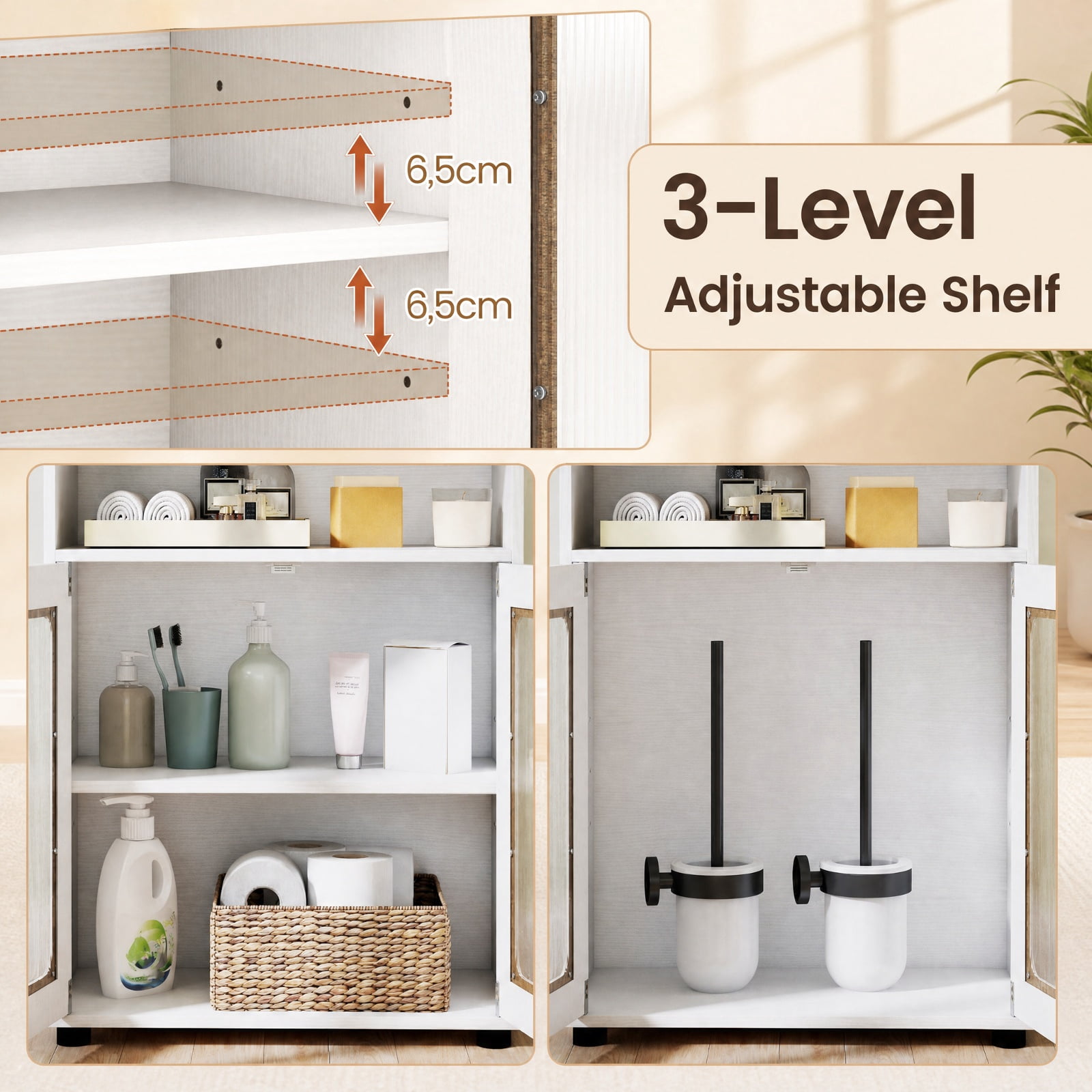 Vebreda Freestanding Bathroom Storage Cabinet, Bathroom Cabinet Freestanding Cabinet with 2 Doors and 3-Level Adjustable Shelf
