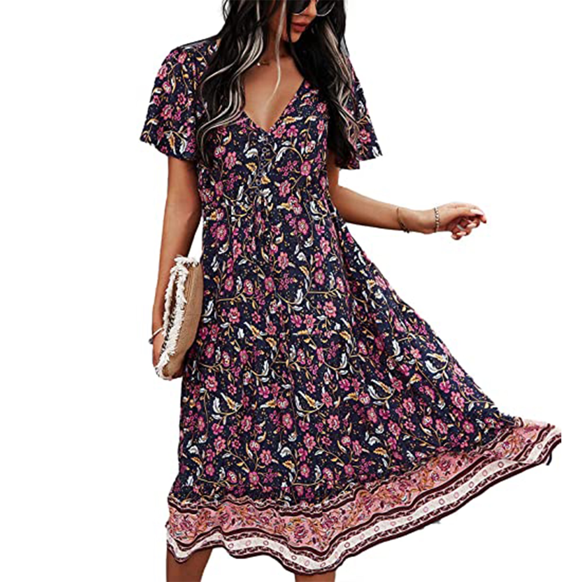TEMOFON Summer Maxi Dress for Women Short Sleeve Floral Printed V Neck ...