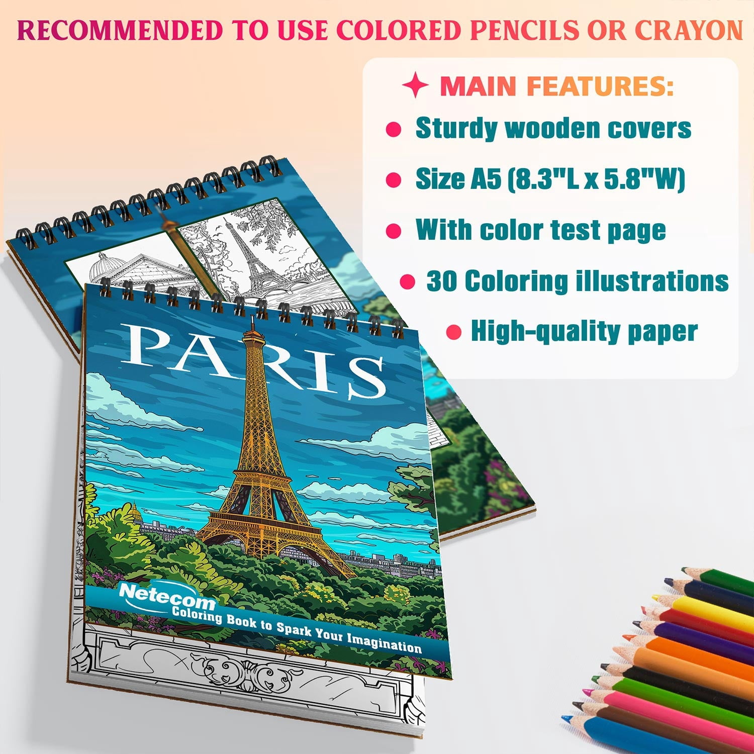 Netecom Paris Coloring Book Spiral Bound for Adults, A5 Wooden Cover, 30 Beautiful Coloring Pages of Iconic Landmarks and Beautiful City Landscape for Stress Relief and Relaxation
