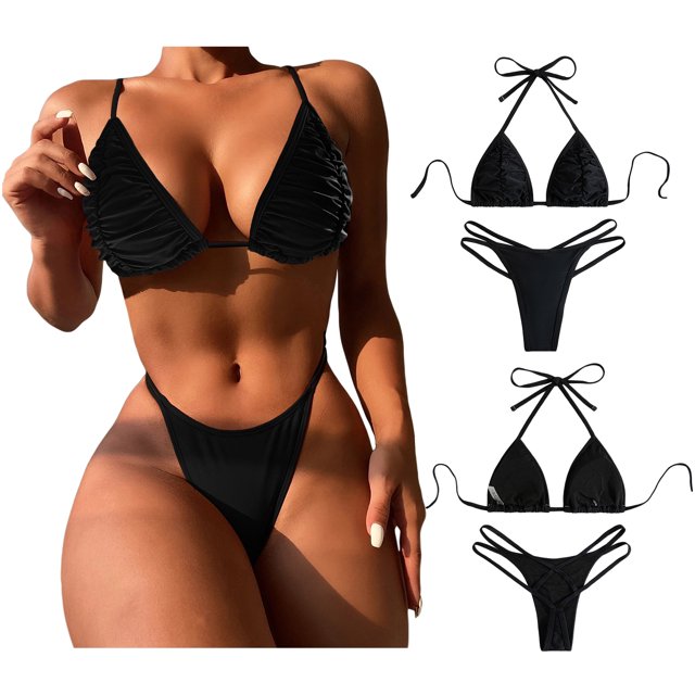 SAYOO - Conjunto de traje de baño de 2 piezas para mujer, sujetador de bikini acolchado sin espalda con cuello halter y tangas exóticas SAYOO Sexy