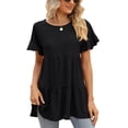 thumbnail image 1 of Camiseta de mujer con cuello redondo, manga corta con volantes, Color puro, holgada, elegante, Jersey de verano, 1 of 6